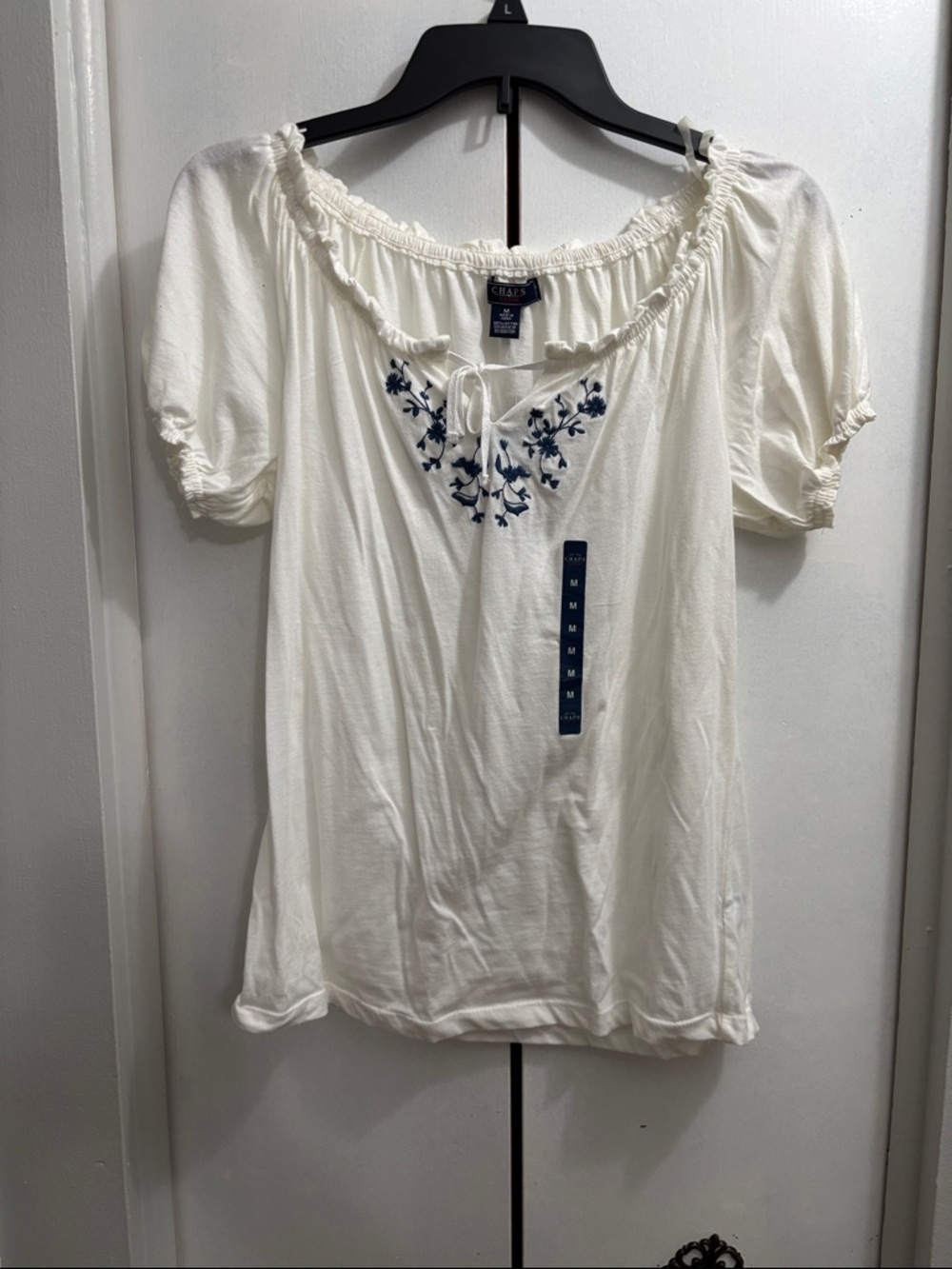 Chaps Cream Peasant Top with Navy Floral Embroidery